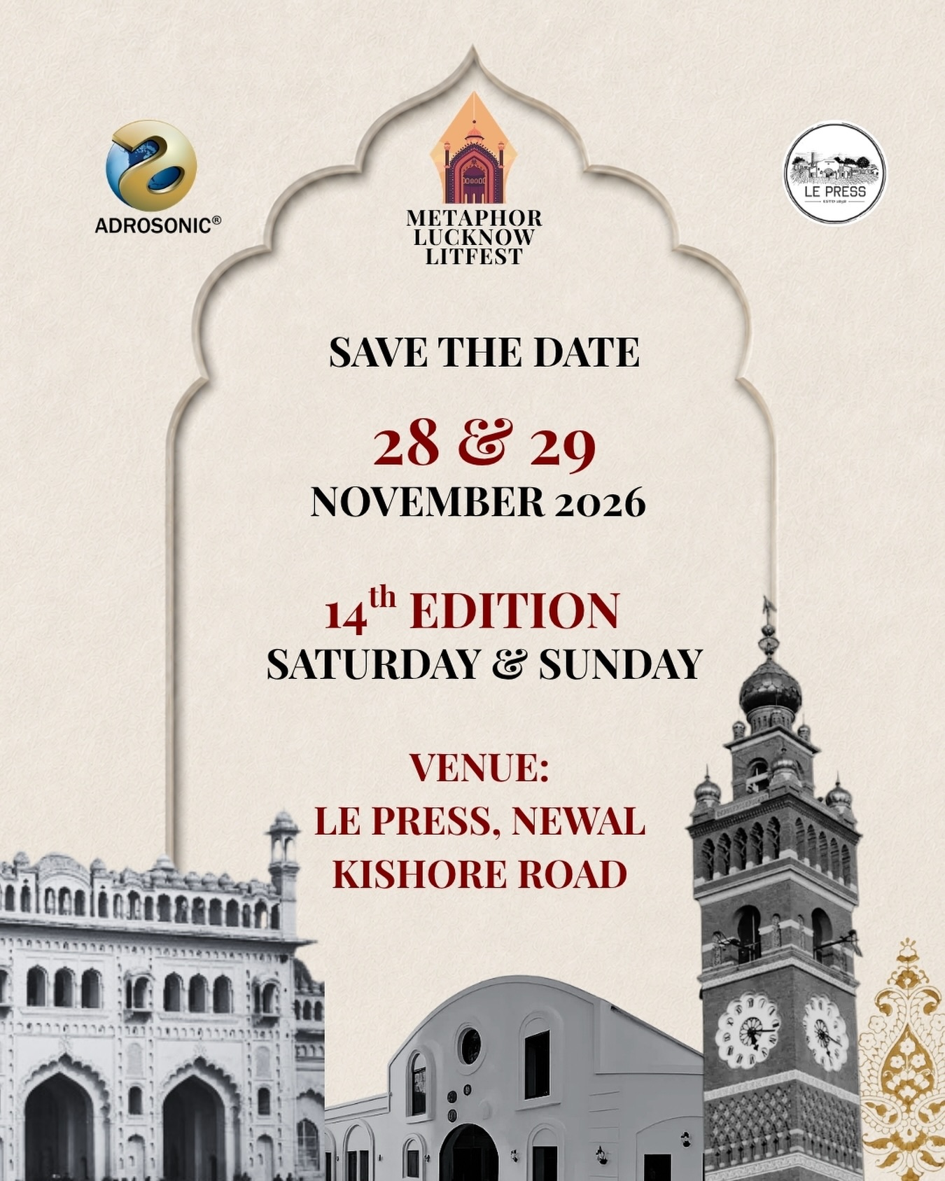 Official Metaphor Lucknow Litfest poster: 28–29 November 2026 at Le Press